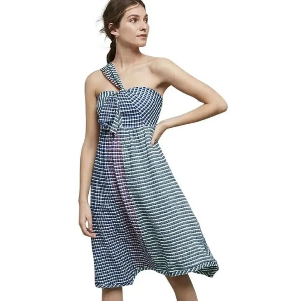 Maeve Anthropologie Waverly Gingham Asymmetrical Dress 2 Patchwork Cotton Blend